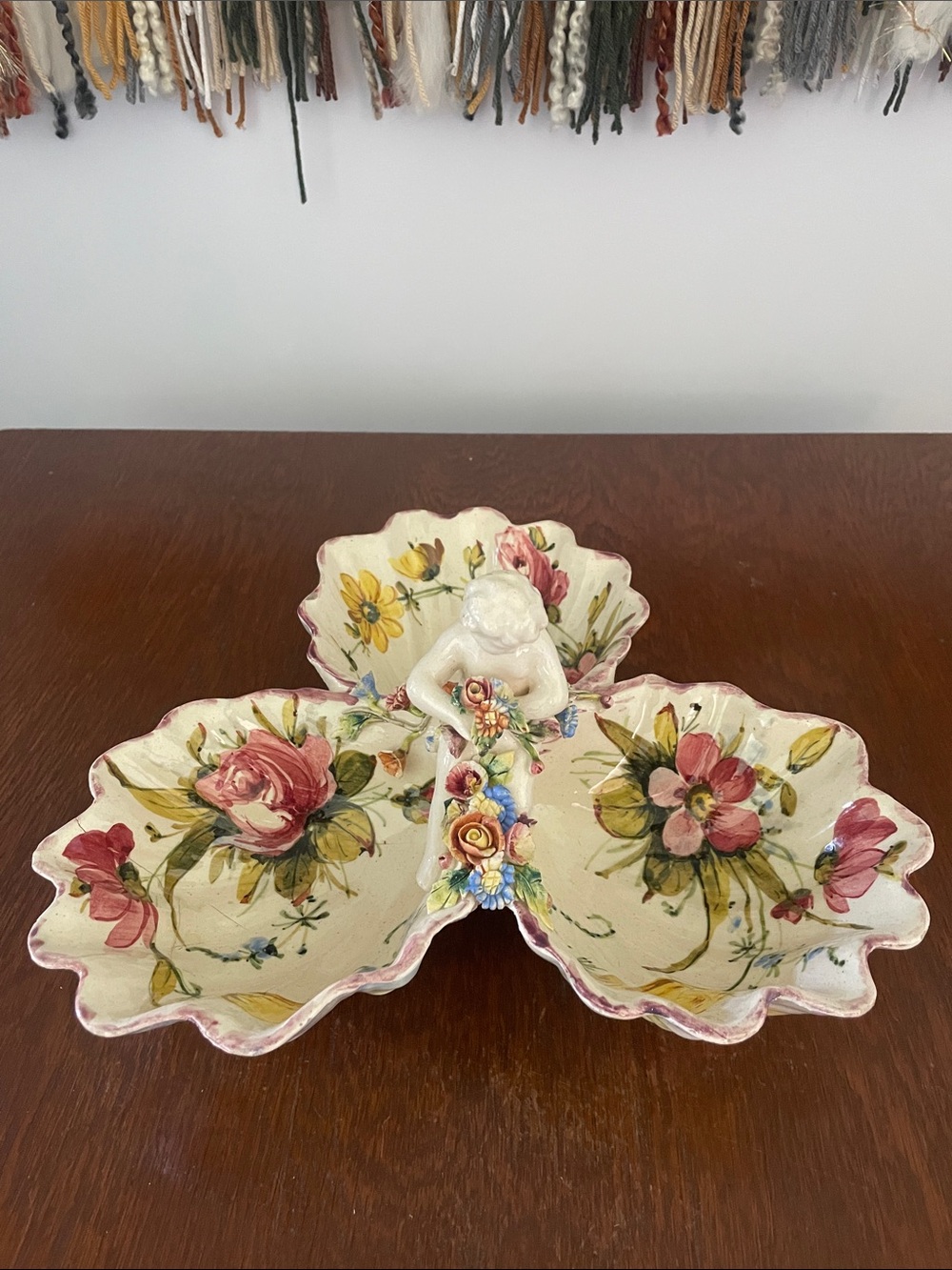 Floral Italian style centerpiece Dish with Cherub- shell shape Victorian look